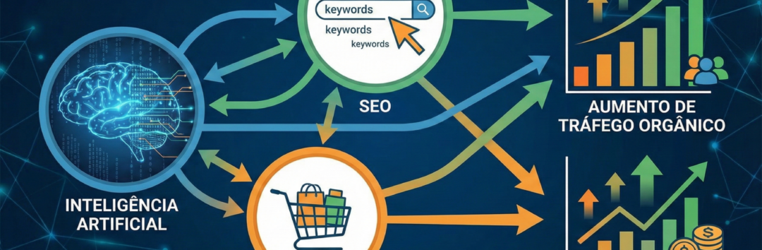 Gráfico ilustrando a conexão entre inteligência artificial, SEO e e-commerce, com setas apontando para aumento de tráfego orgânico e vendas.
