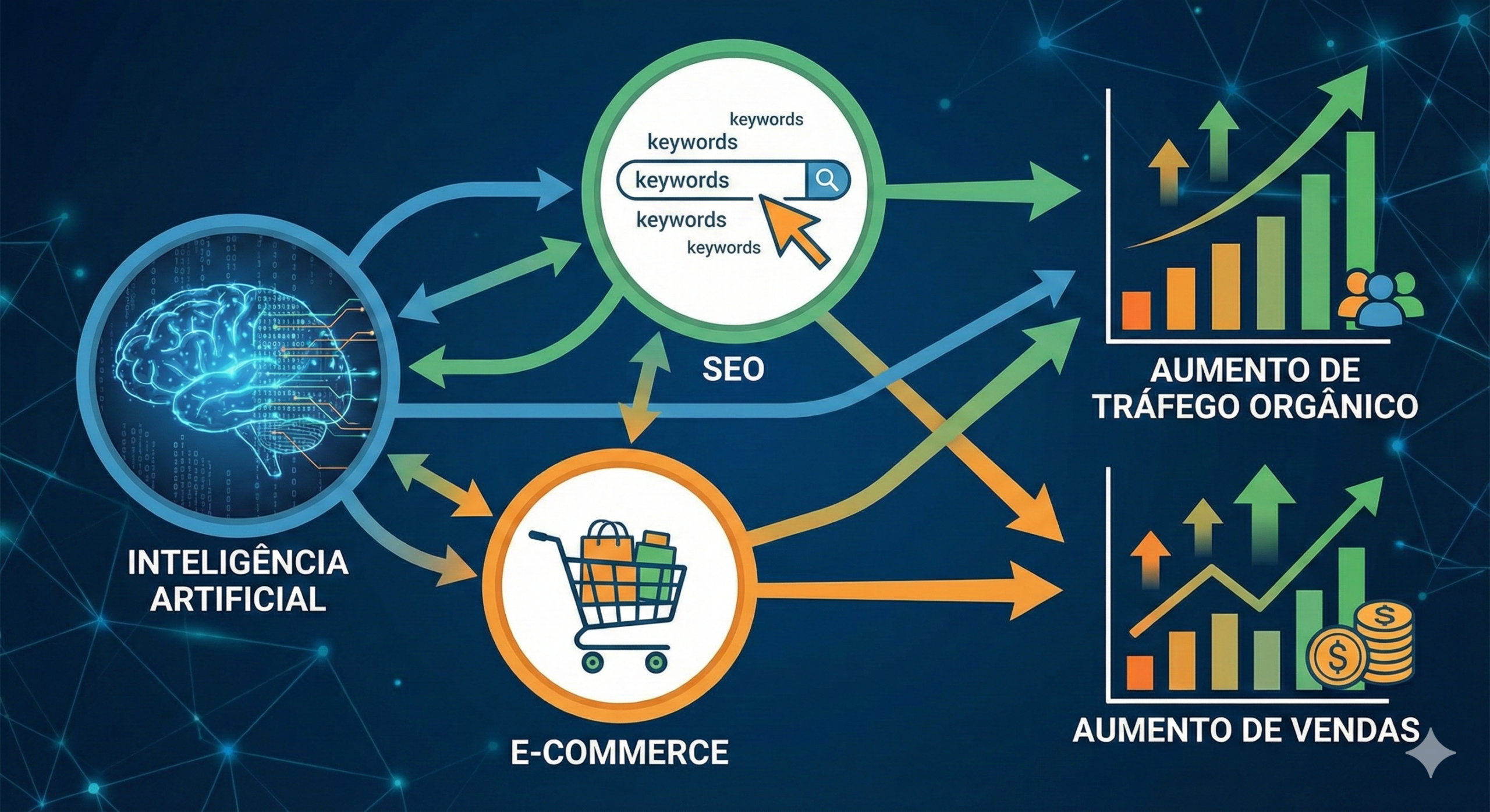 Gráfico ilustrando a conexão entre inteligência artificial, SEO e e-commerce, com setas apontando para aumento de tráfego orgânico e vendas.