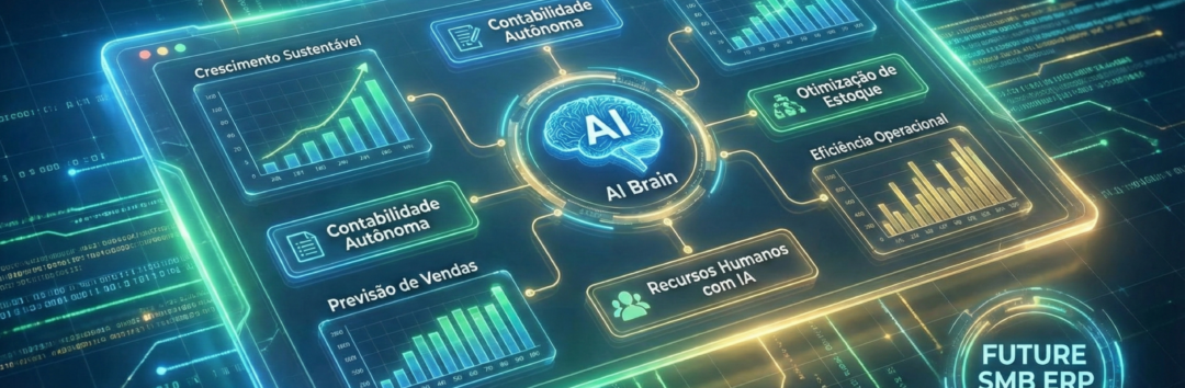 Ilustração de um painel de gestão ERP com elementos de inteligência artificial, representando o futuro da gestão para pequenas empresas.