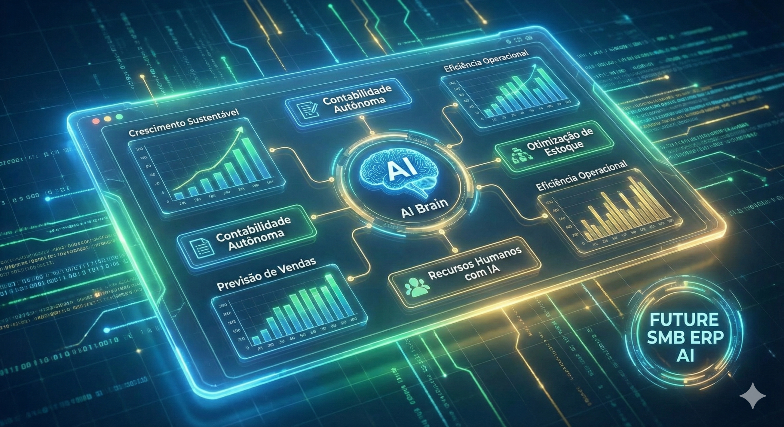 Ilustração de um painel de gestão ERP com elementos de inteligência artificial, representando o futuro da gestão para pequenas empresas.